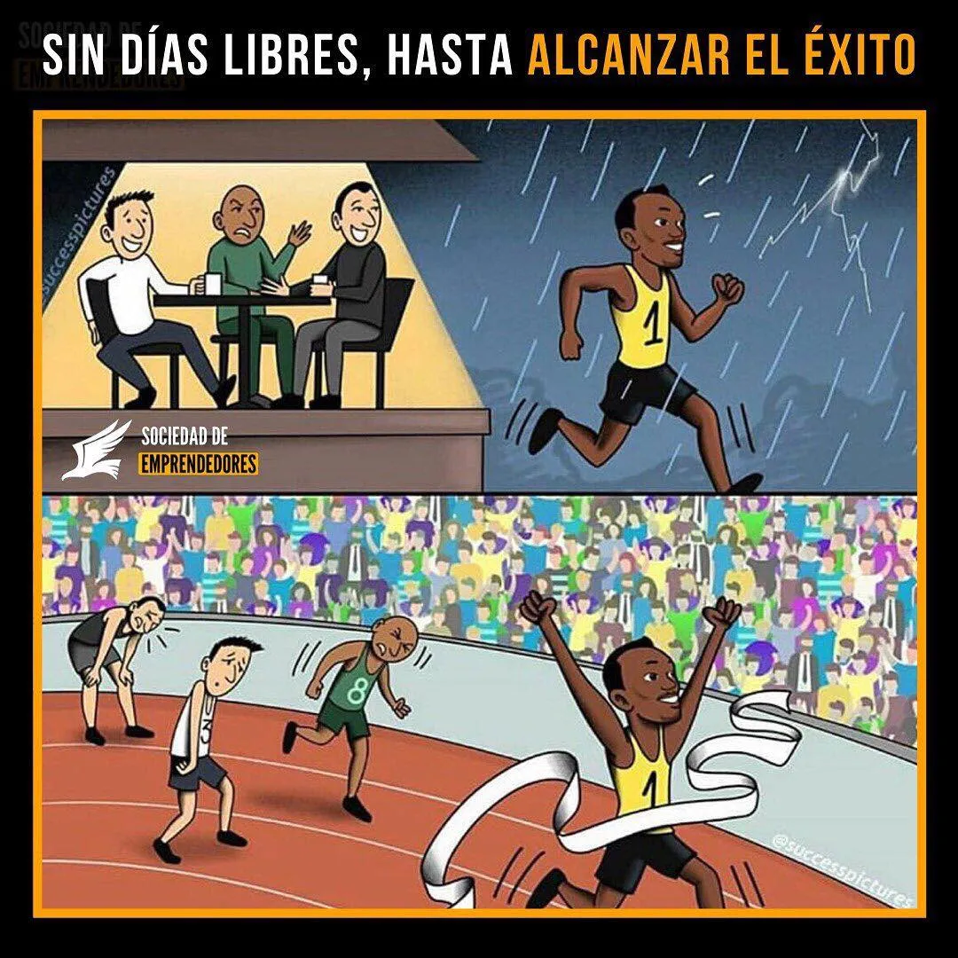 La imagen muestra a un hombre corriendo en una pista de atletismo bajo la lluvia y, en la parte superior, a otras personas sentadas en la terraza de una cafetería.